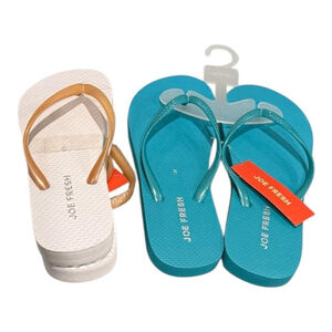 Joe Fresh Flip Flop Sandals Womens Size 6 White & Teal 2 Pairs Beach Shoes